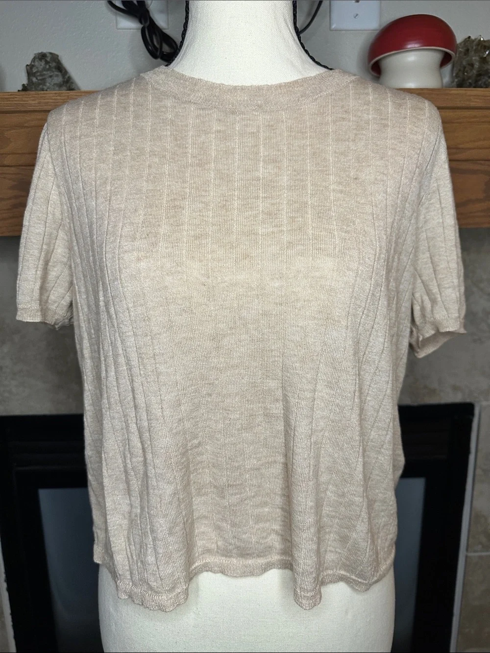 J. Crew 85% SILK Blend Beige Short-Sleeve Knit Sweater Top Size Large